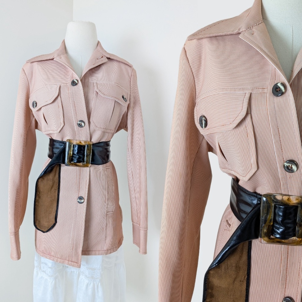 70's Pinstripe Blazer Safari Jacket Overcoat Pastel Dagger Collar Long Sleeve